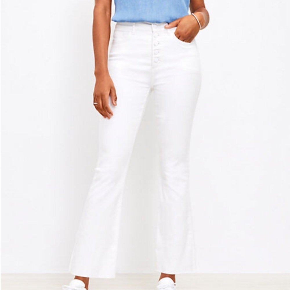 Ann Taylor LOFT Frayed Button Front High Rise Kick Crop Jeans in White …